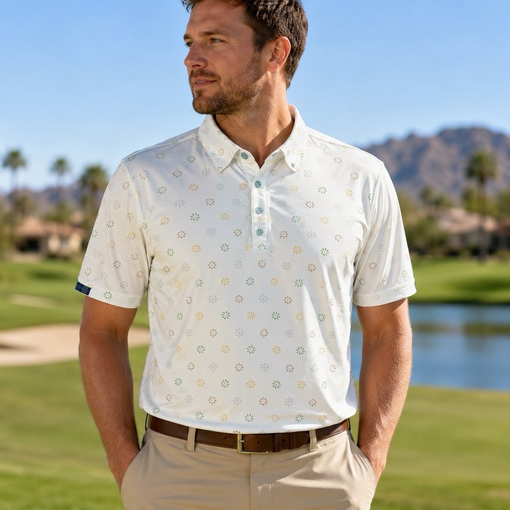 William Murray Golf Polo Mens L White Stretch Button Down Collar Print Shirt